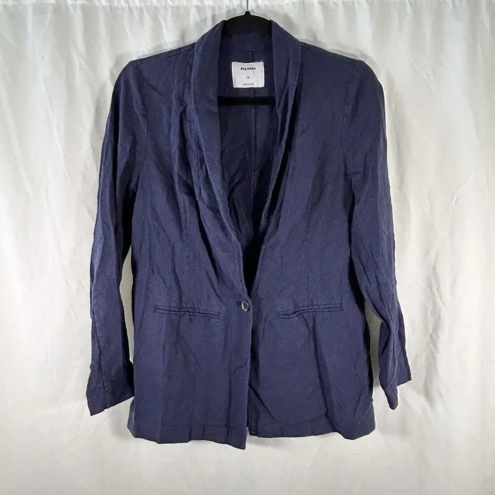 Old Navy Blazer Women's XS Navy Blue Single Button Front Linen Blend